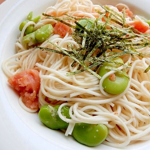 ６分！？そら豆&明太子❤レモン出汁の冷や麦♪