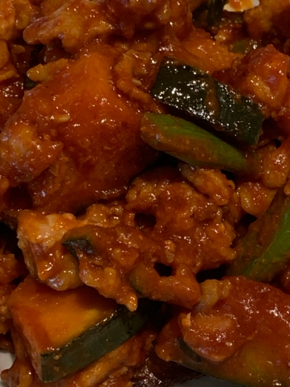 豚こま肉と南瓜のコチュジャン炒め