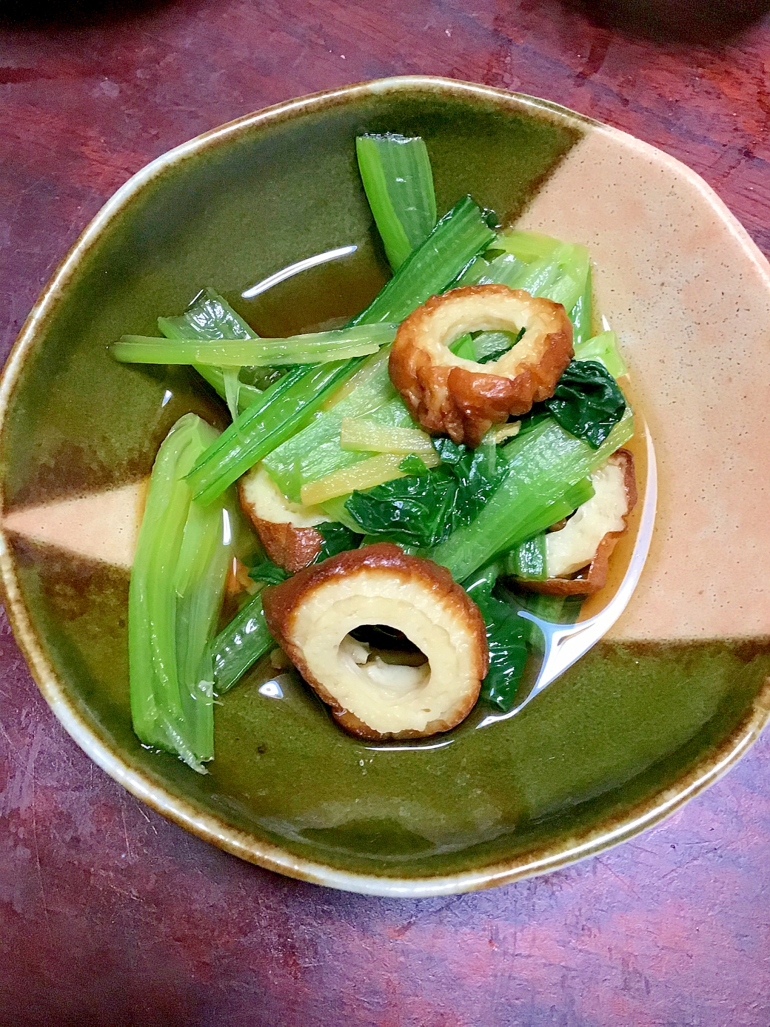 竹輪と小松菜と生姜の麺つゆ煮びたし。
