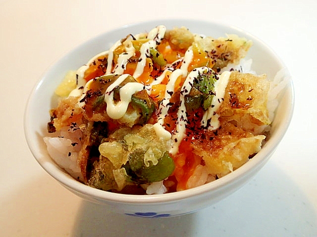 醬油/マヨ/ゆかりで　ピーマンの天ぷらと卵黄のご飯