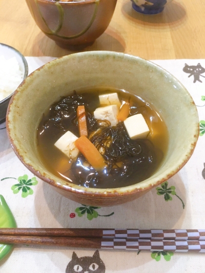 グルヤマさん、もずくスープを作りました♪沖縄産もずくをたくさん入れて、とても美味しくできました！また作りたくなりました❣️
