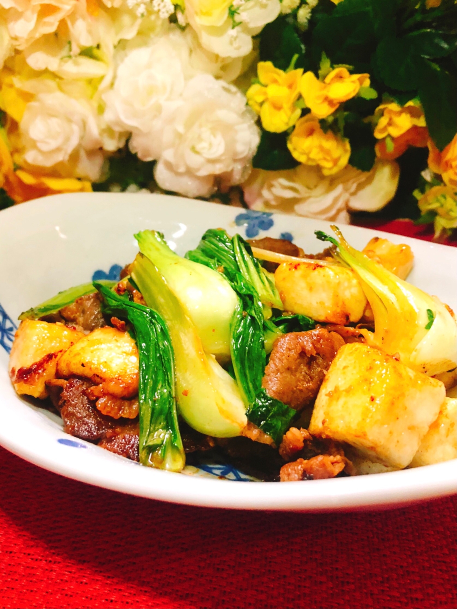 牛コマと青梗菜と豆腐のご飯に合う中華炒め