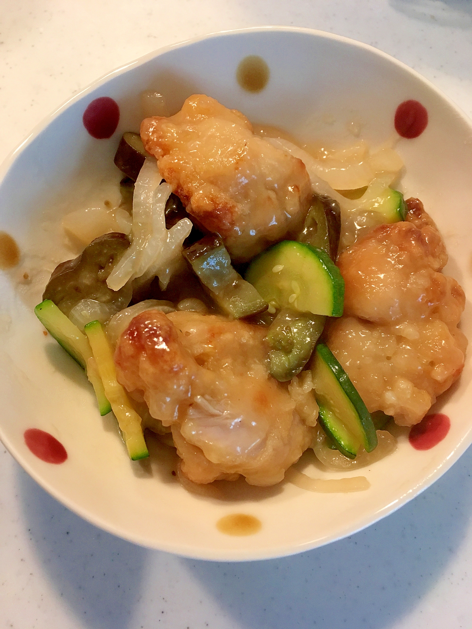 鶏肉と茄子とズッキーニの中華餡かけ