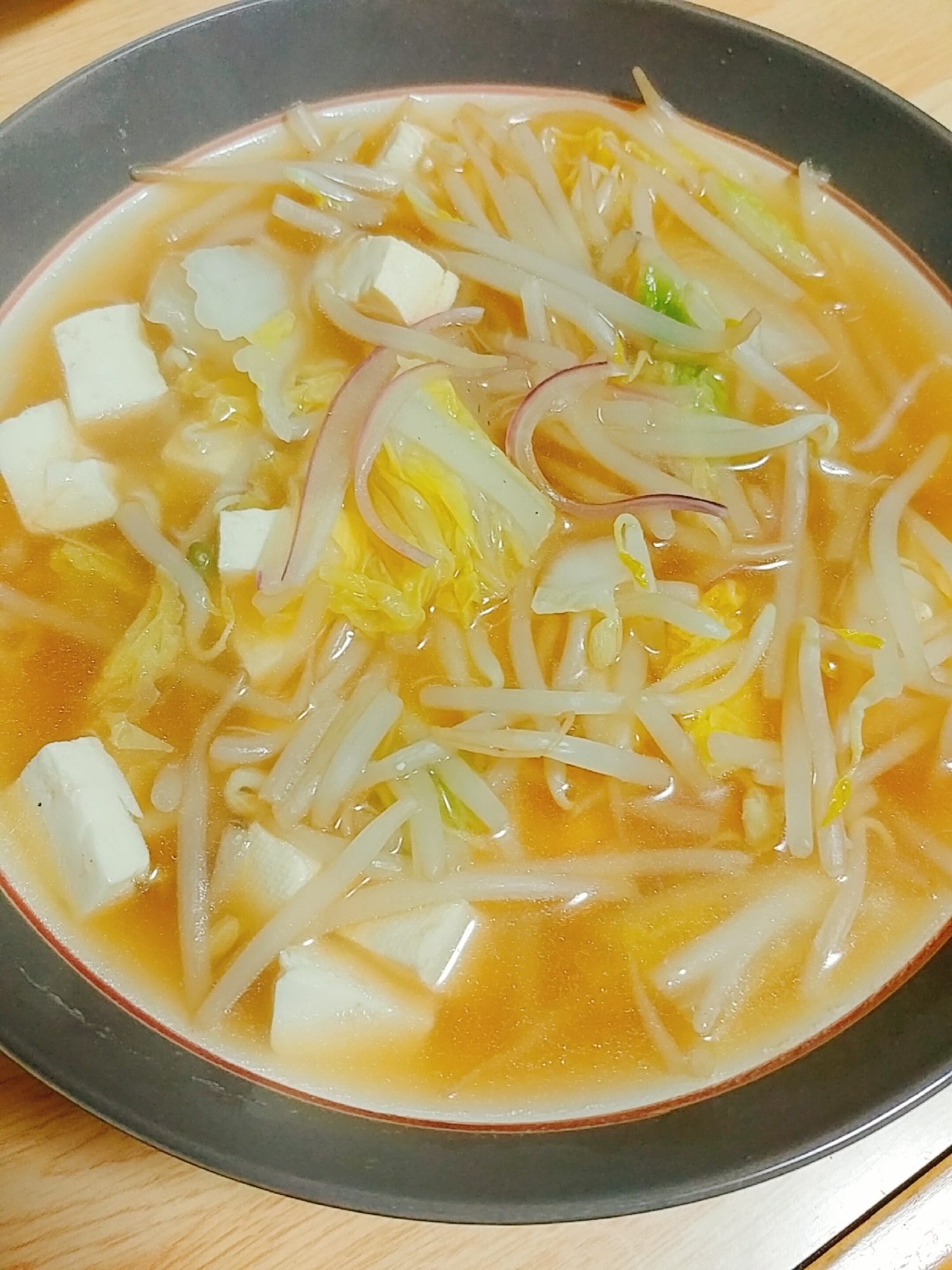 白菜　もやし　豆腐　赤玉葱の創作スープ