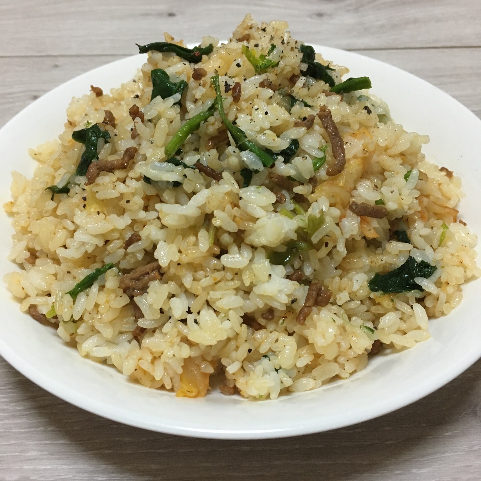 ほうれん草とキムチのひき肉焼飯♪