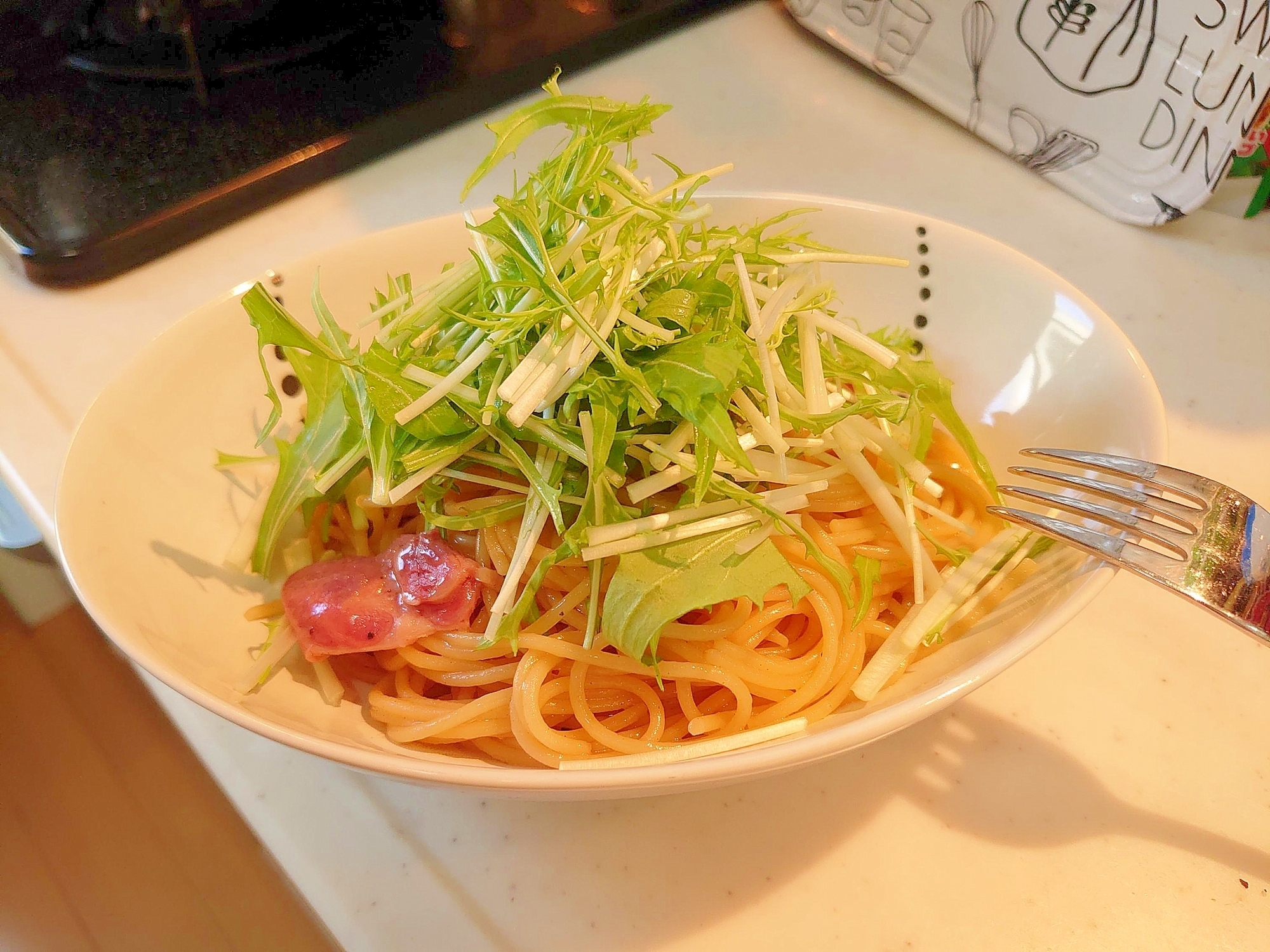 簡単!スモークタンと水菜の和風オイルソースパスタ