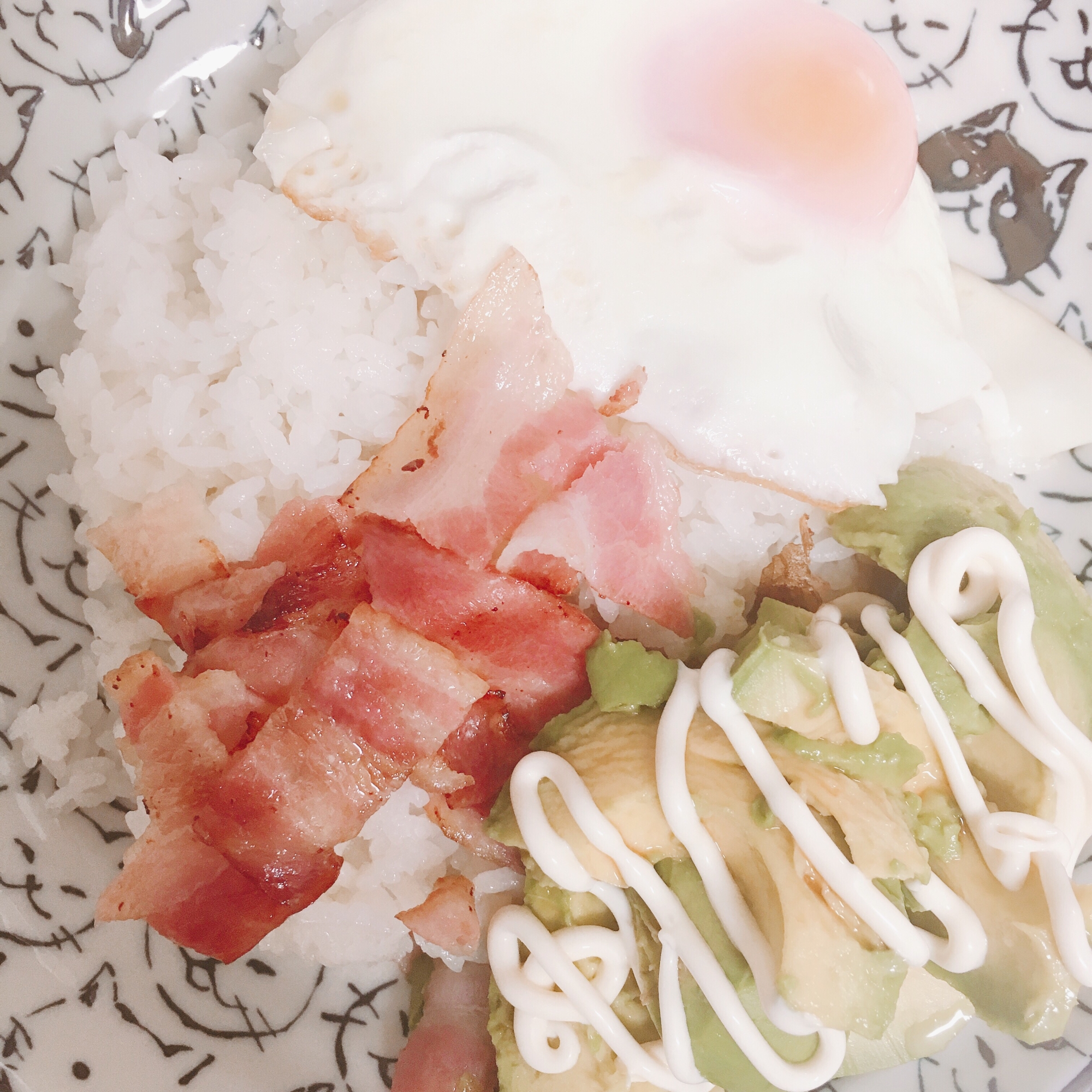 目玉焼きとベーコンとアボカド丼