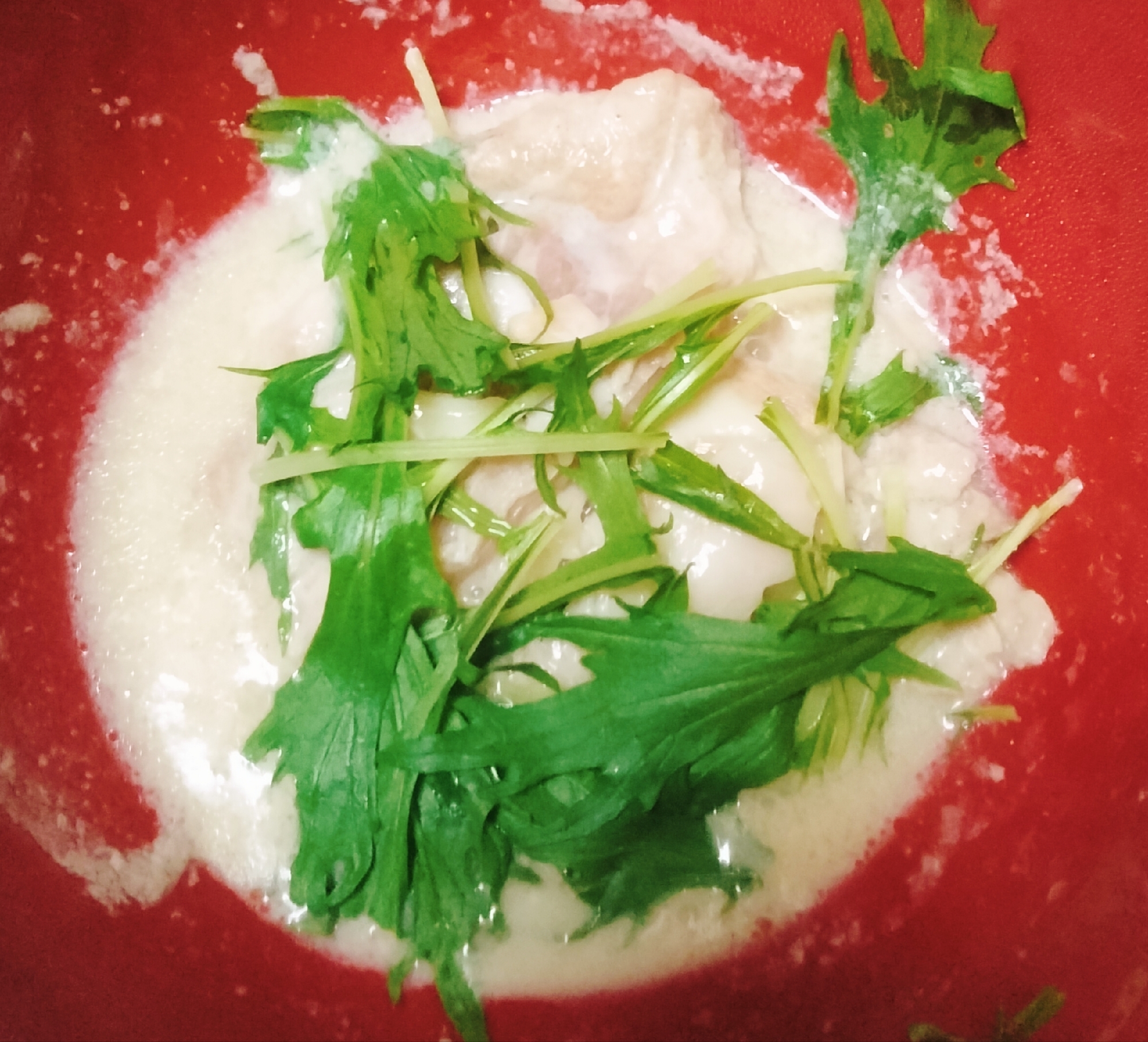 レンジで！豚バラと水菜の和風豆乳煮