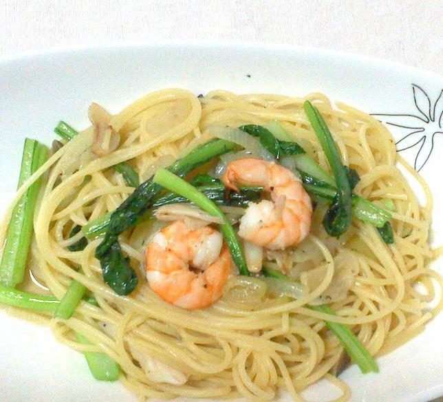 小松菜と海老のパスタ