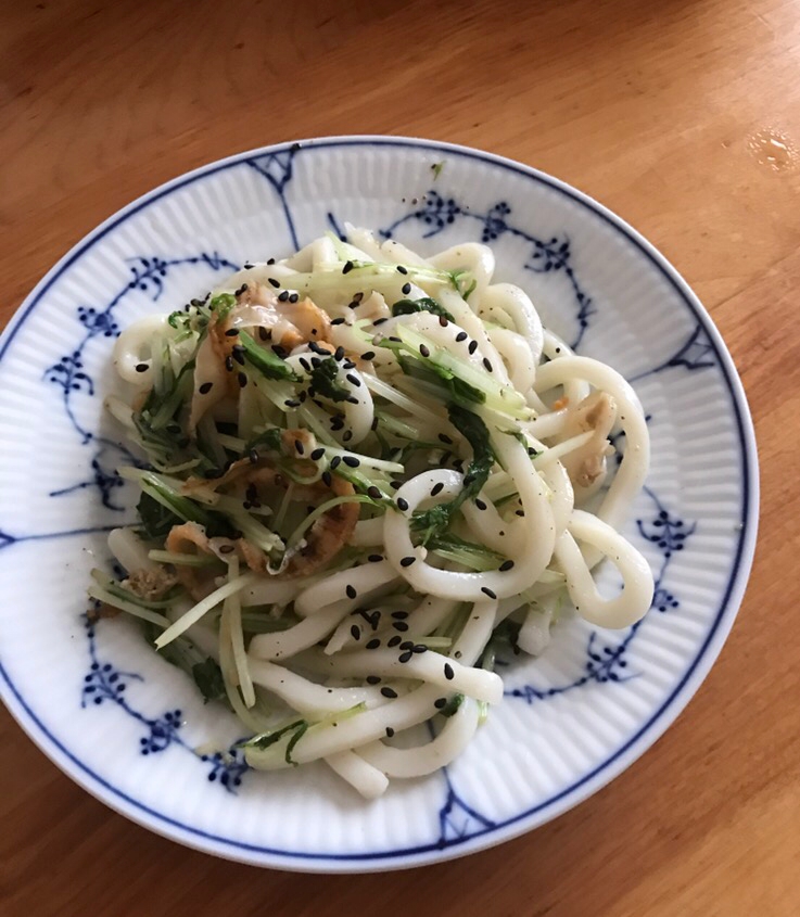 水菜とベビーホタテの焼きうどん