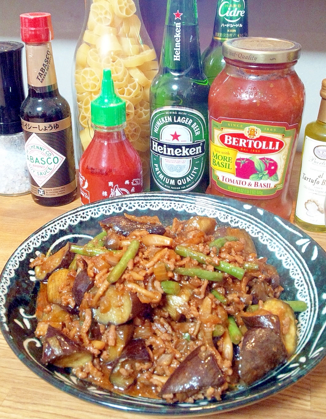 茄子といんげん、挽き肉の甜麺醤とコチュジャン炒め☆