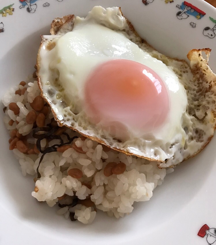 目玉焼きのせ納豆塩昆布ごはん