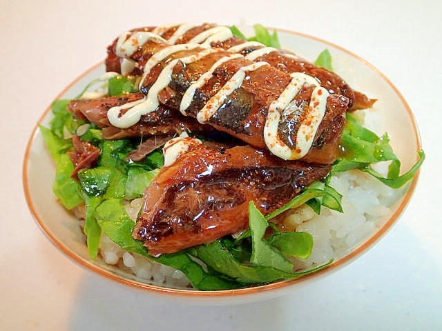 サラダ菜とさんま蒲焼の七味マヨご飯