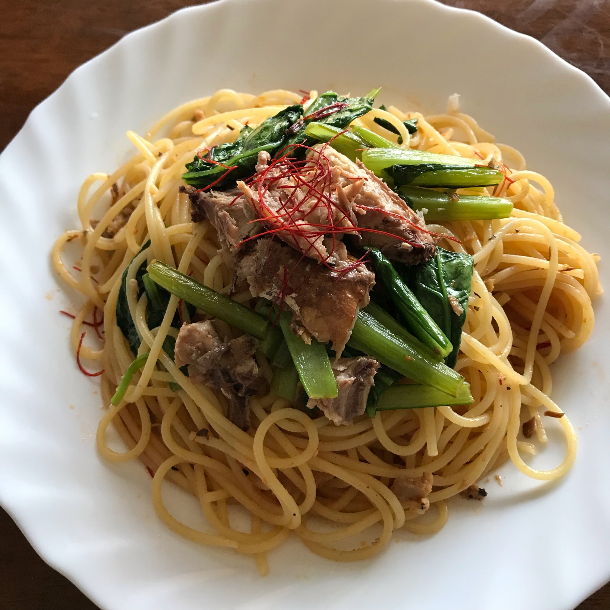 鯖と小松菜の和風パスタ