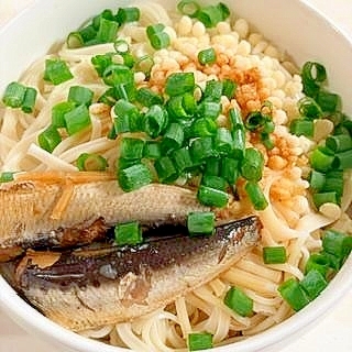 いわしの醤油煮缶・揚げ玉・小ねぎで　ぶっかけ半田麺