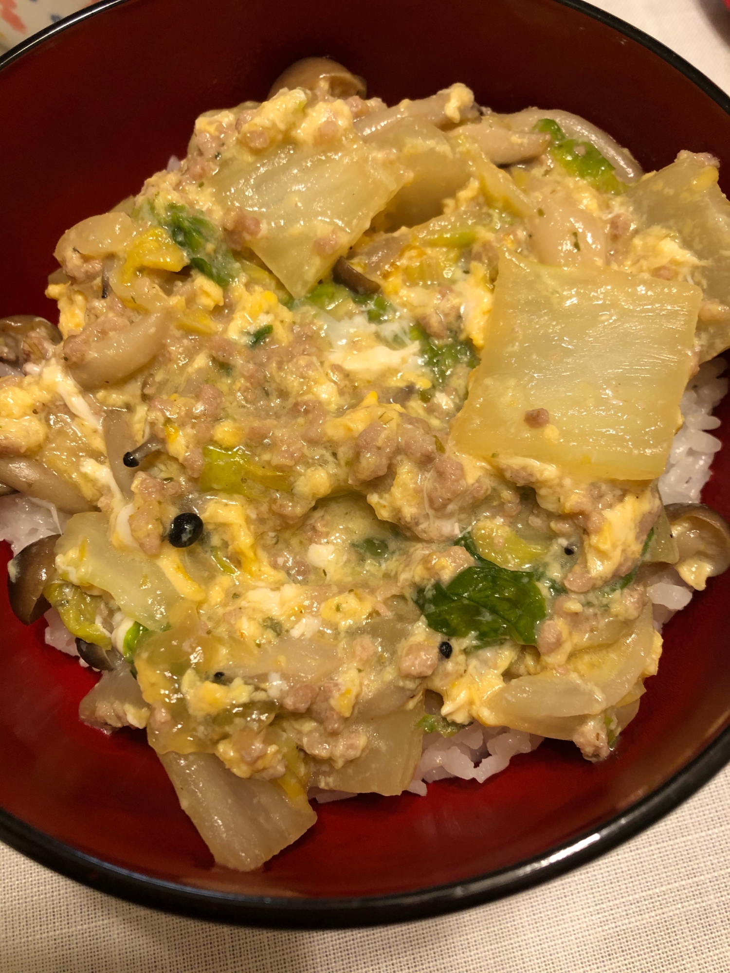 白菜としめじとひき肉の卵とじ丼