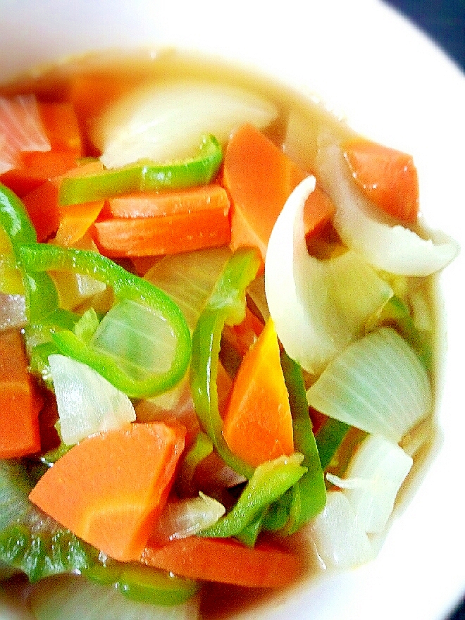タマネギとニンジンとピーマンの彩り具沢山野菜スープ