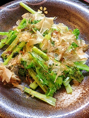 わさび菜と花かつおのゴマ油炒め