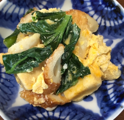 麺つゆで簡単 小松菜と高野豆腐とちくわの卵とじ