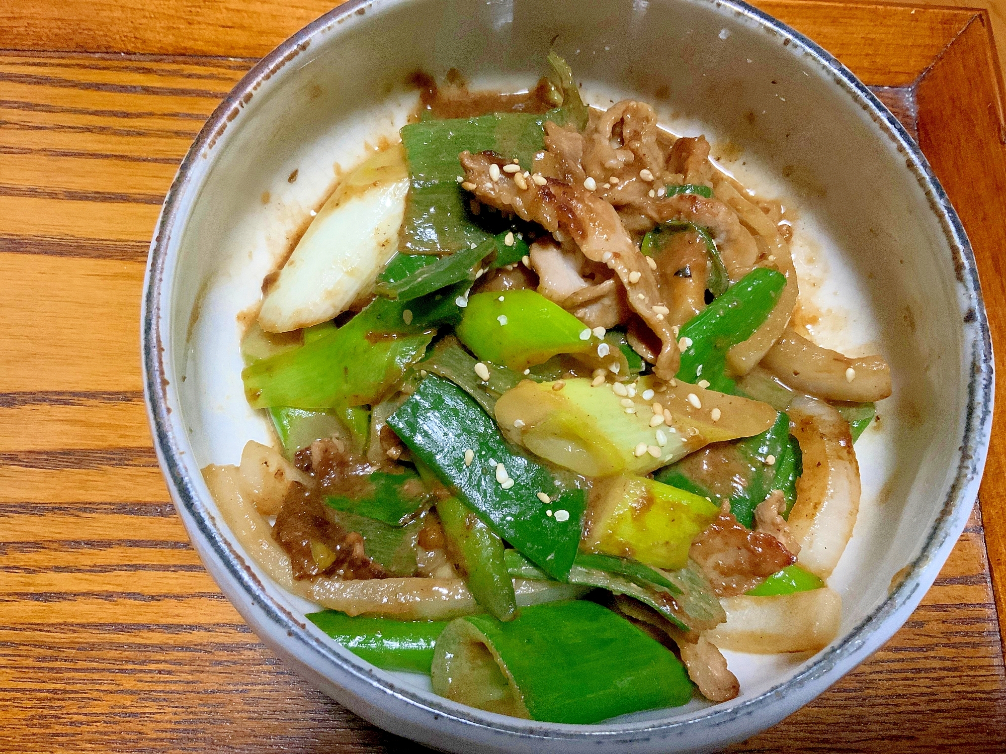 お餅X白ねぎX玉ねぎX豚のもっちり❣味噌炒め