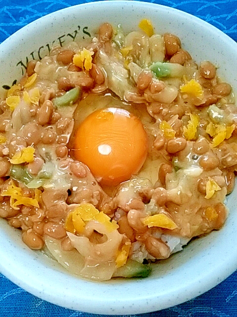 納豆の食べ方-生玉子＆柚子味噌ザーサイ♪