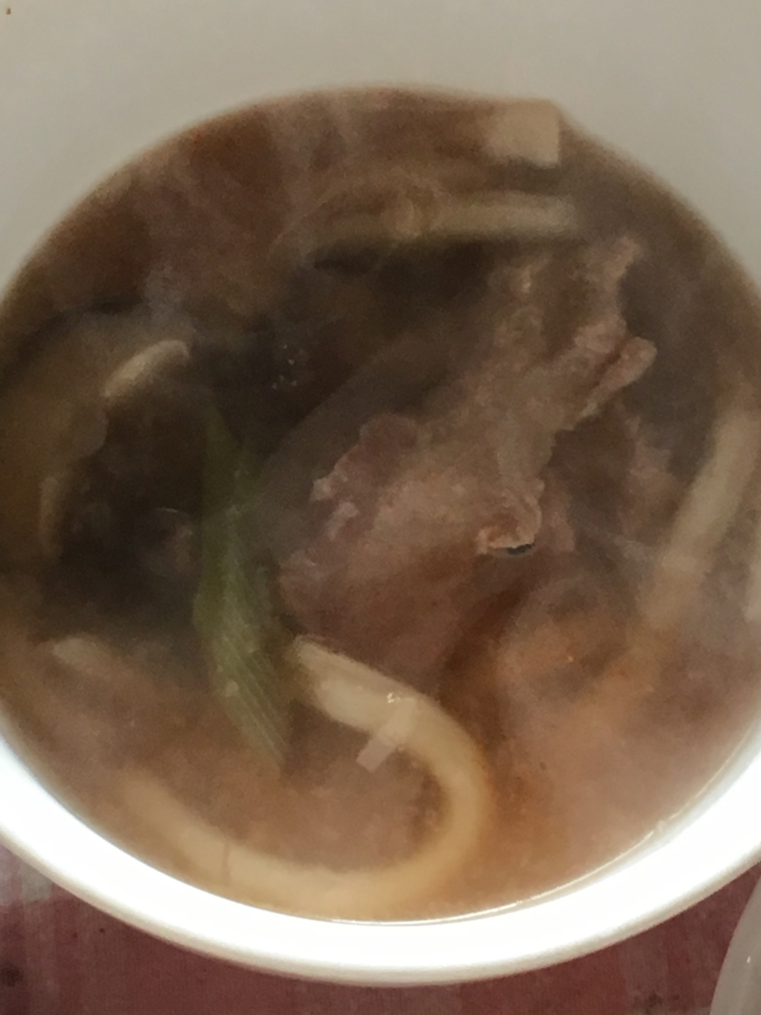 豚肉、椎茸、ネギ、うどんのスープ