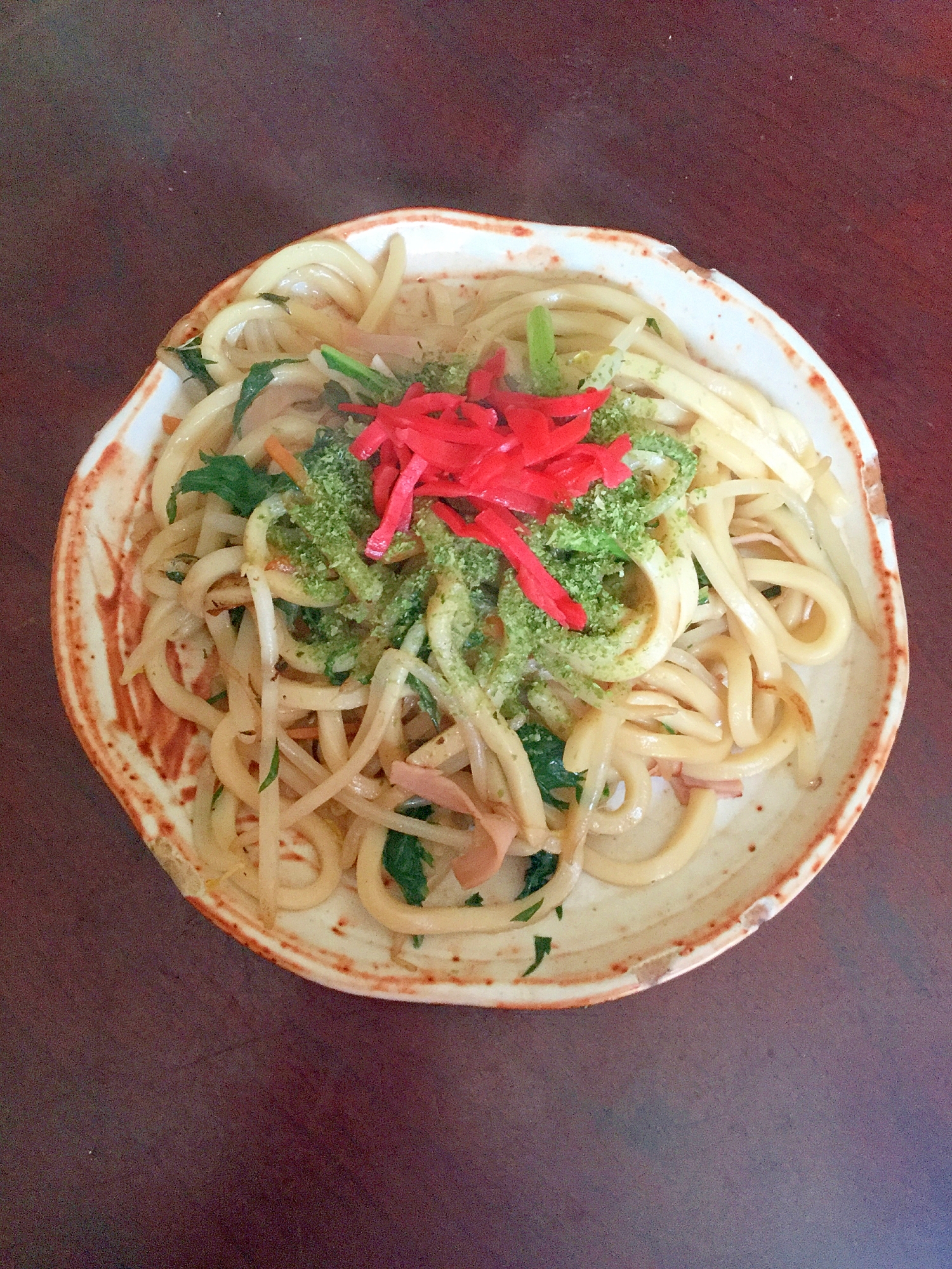 水菜とハムの焼きうどん＠ニンニク醤油味！