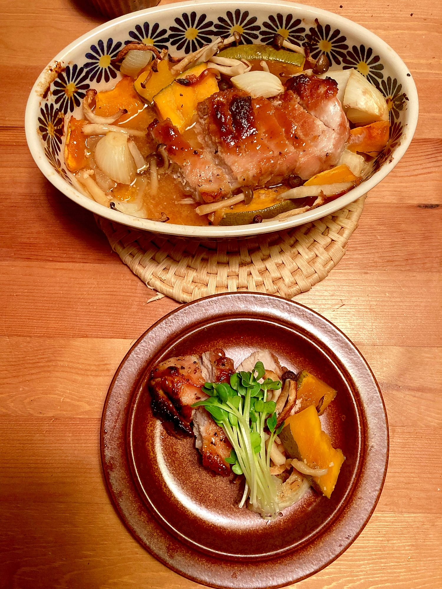 豚ももかたまり肉と秋野菜のはちみつみそ焼き