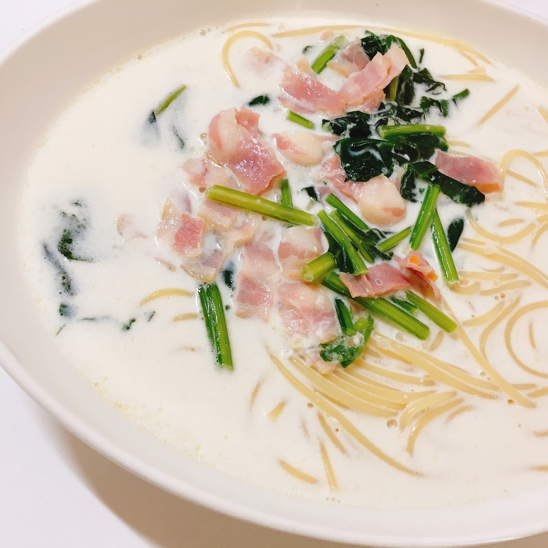 ほうれん草とベーコンのさっぱりクリームスープパスタ レシピ 作り方 By 麦茶 自炊大学生 楽天レシピ ほうれん草とベーコンのさっぱりクリームスープパスタ レシピ 作り方 By 麦茶 自炊大学生 楽天レシピ