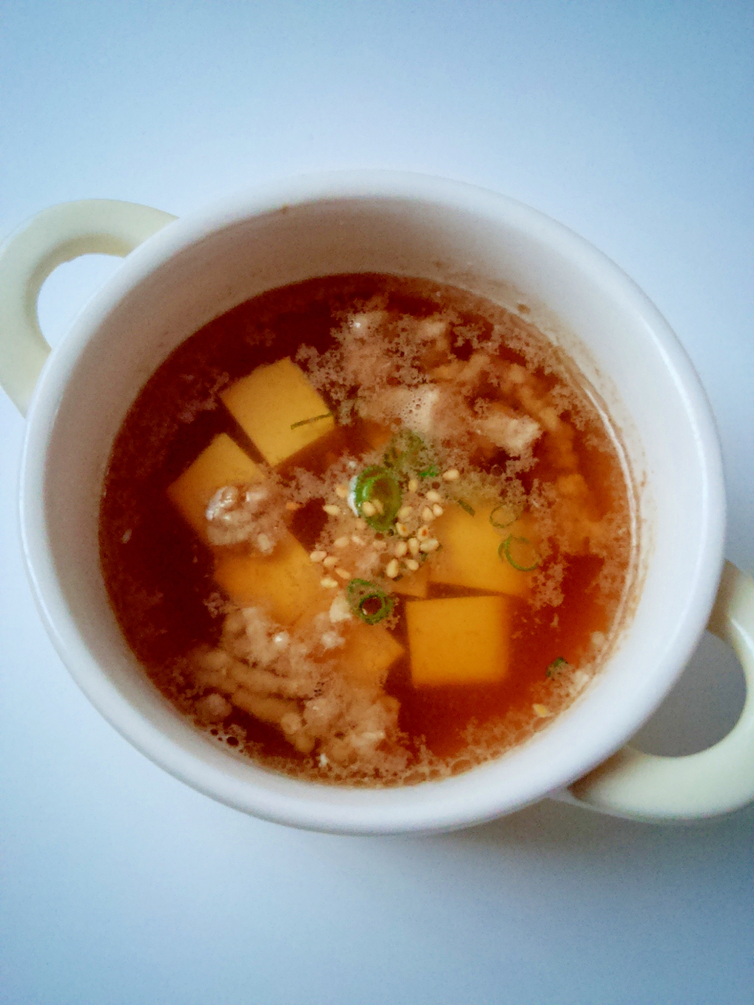 レンジで簡単☆絹ごし豆腐と鶏ひき肉の中華スープ