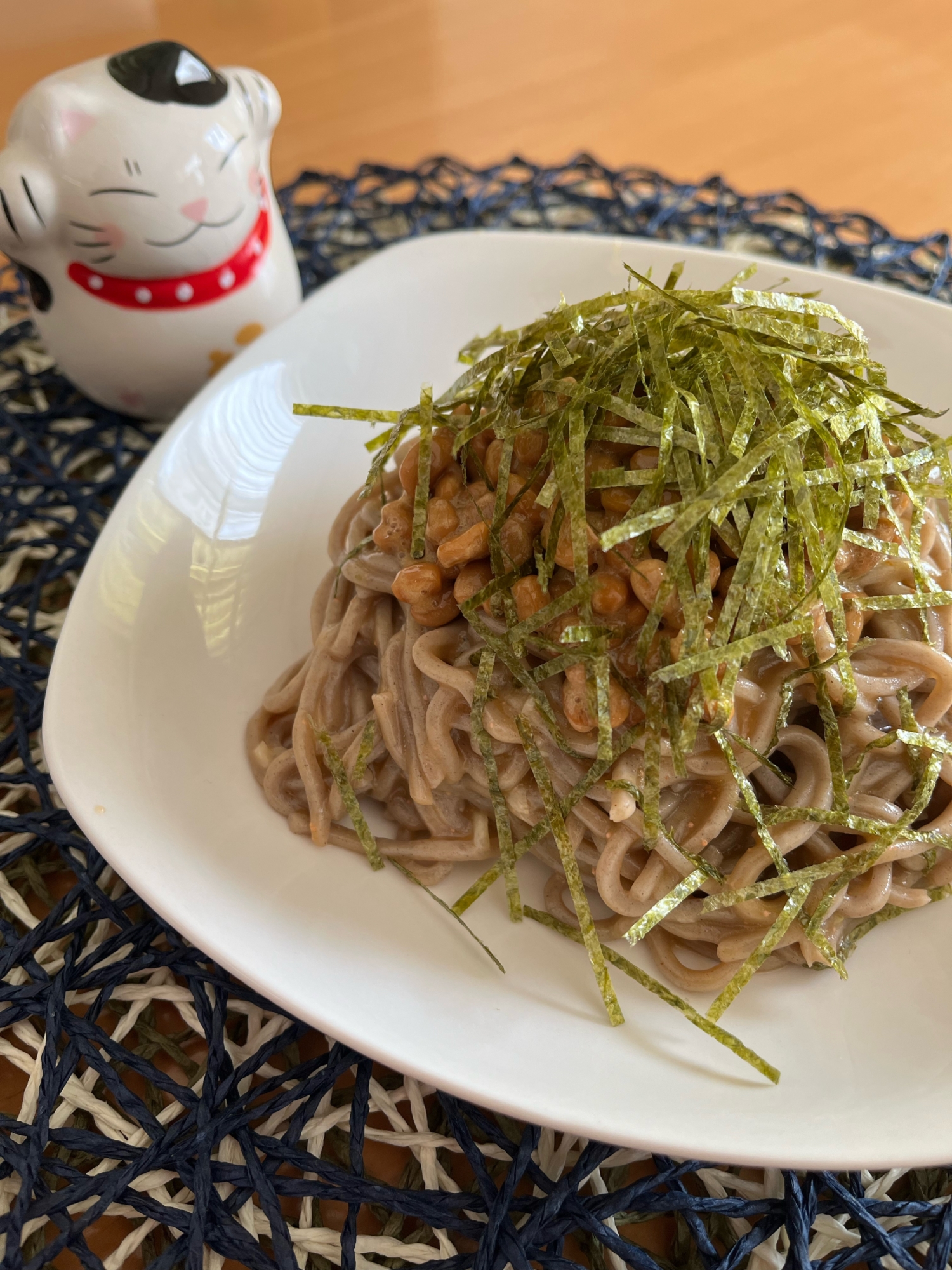 ランチ♬納豆と明太子クリームの蕎麦パスタ