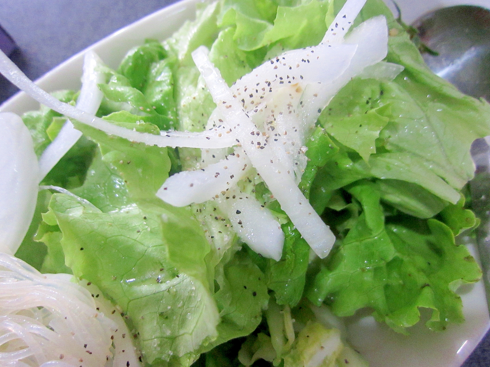 白いお皿に盛り付けられたレタス、新玉ねぎのサラダ甘夏ドレッシング仕立て