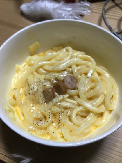 カルボナーラ風うどん♪　電子レンジでOK