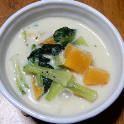 かぼちゃと小松菜の豆乳スープ