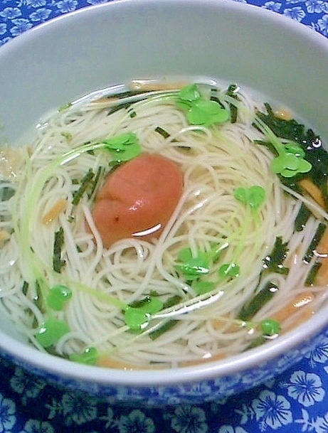 お茶漬け海苔にめんつゆちょい足し 梅載せにゅうめん レシピ 作り方 By 桜39桜39 楽天レシピ