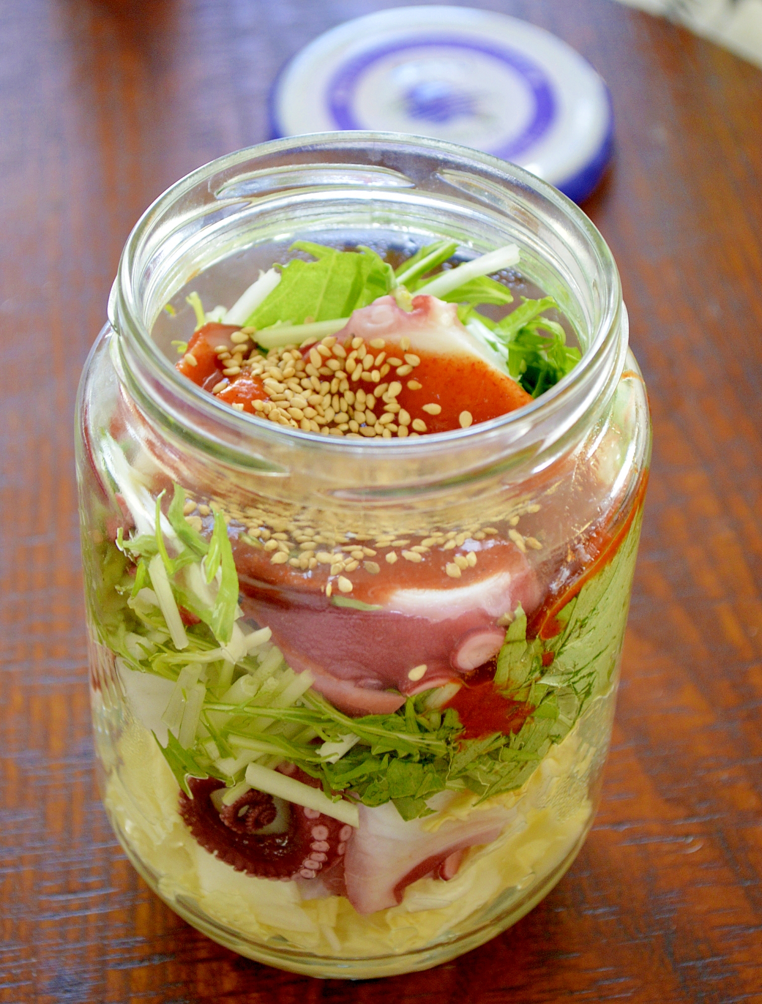 手が汚れないキムチ♪タコと水菜の☆メイソンジャー