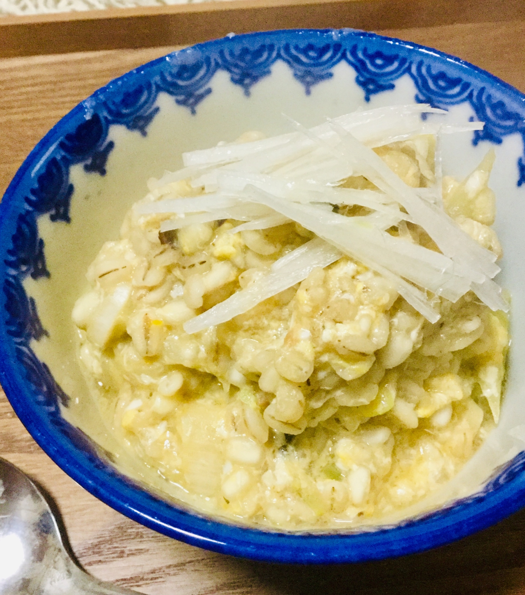 押し麦の雑炊☆豆鼓醤で味つけしました♪