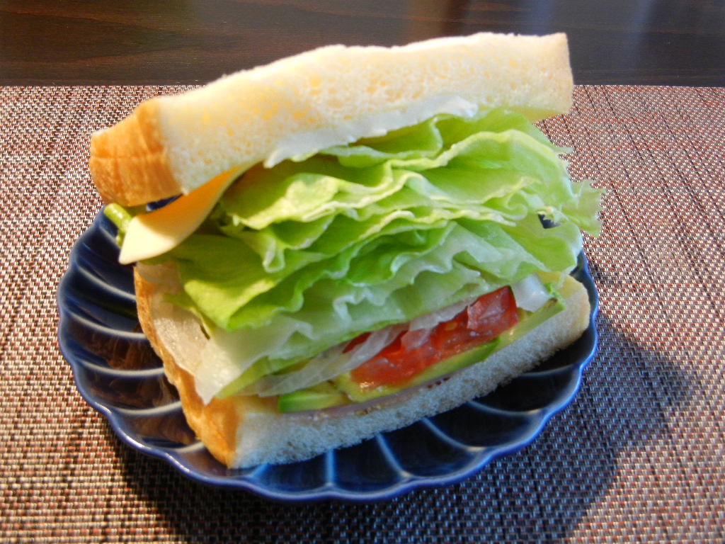 アボカド・トマト・玉ねぎ・レタスのサンドイッチ