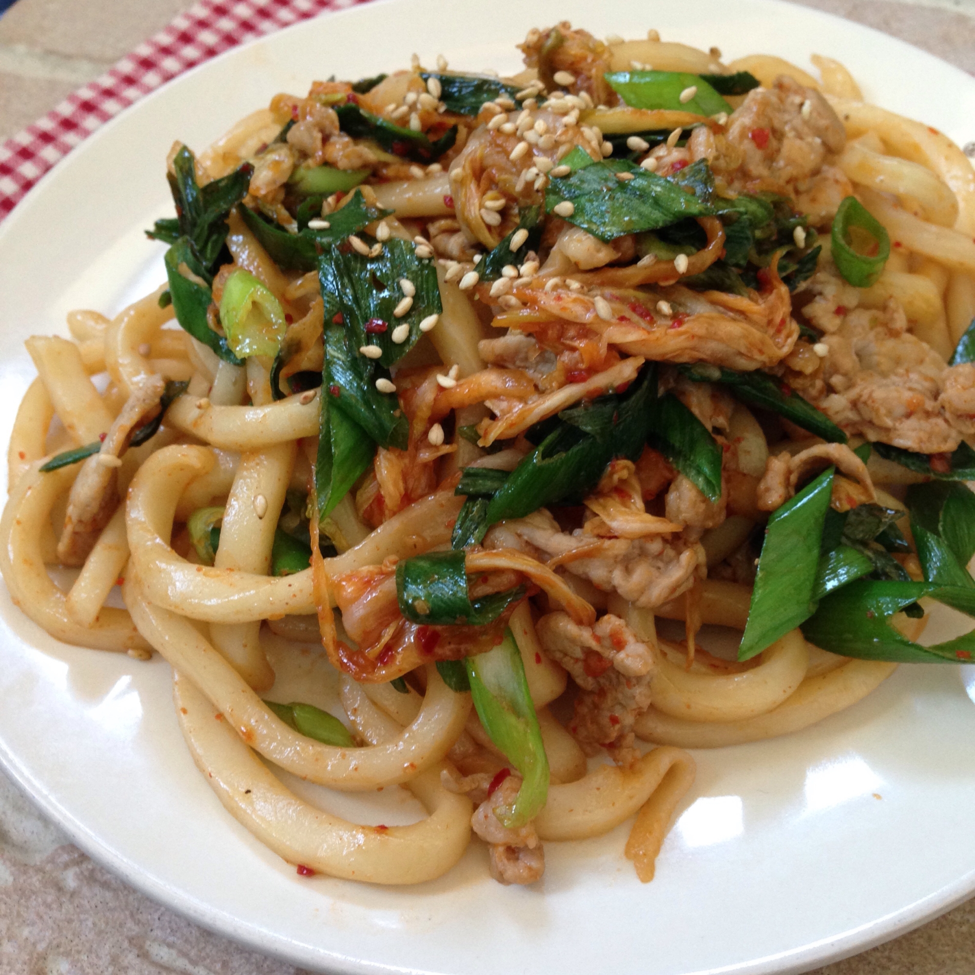 豚ネギ炒めdeキムチ焼うどん♪