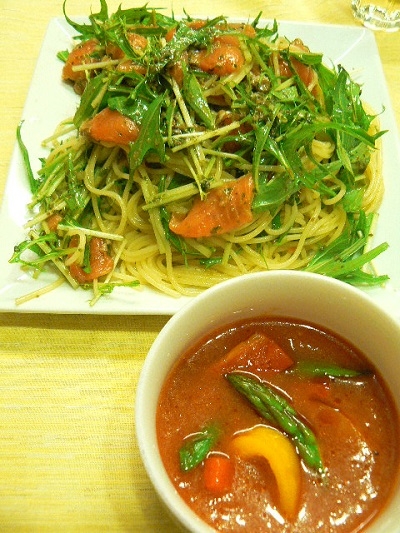 水菜とサーモンの冷製★つけスパゲティ