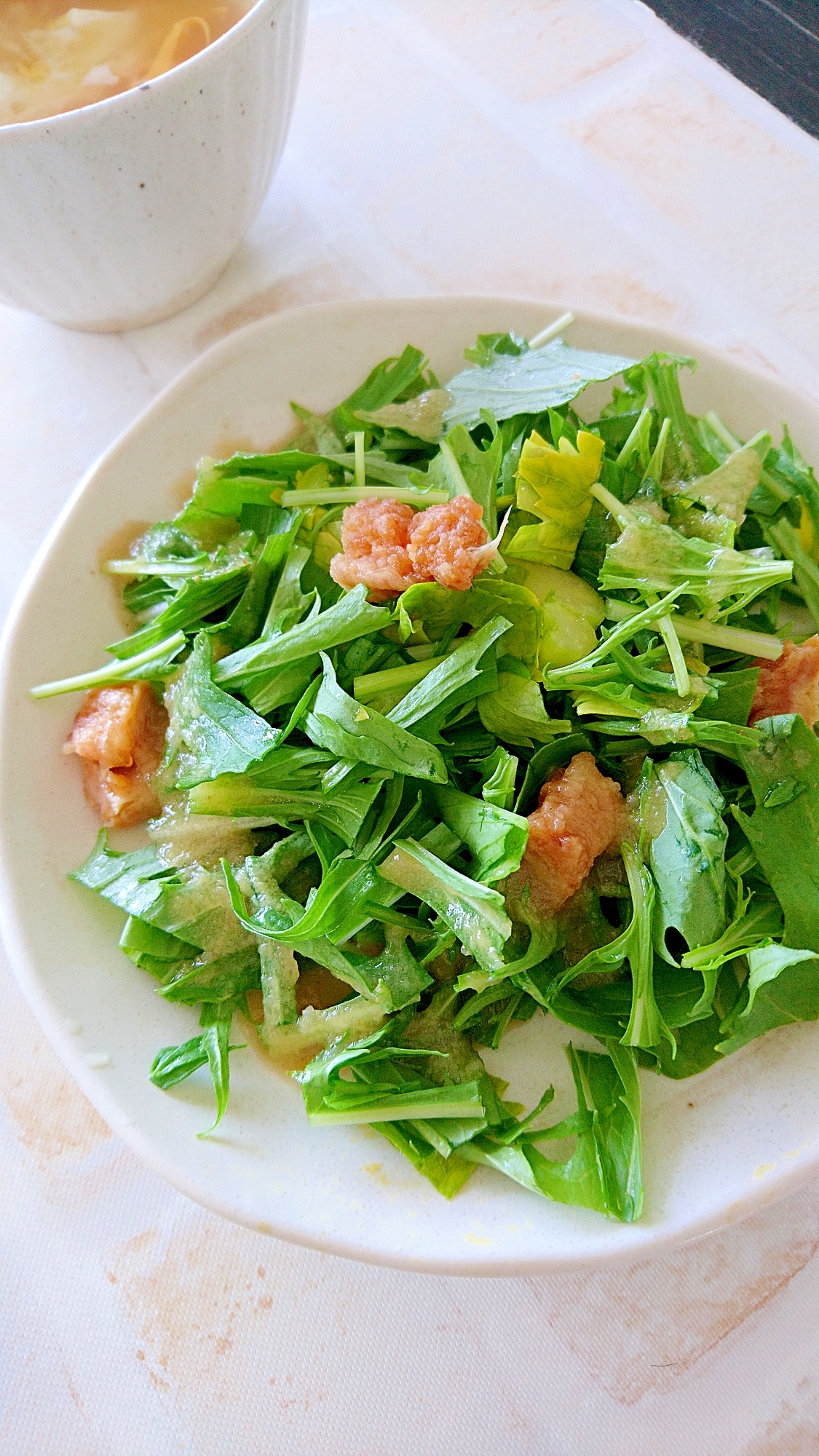 冷凍唐揚げの水菜サラダ