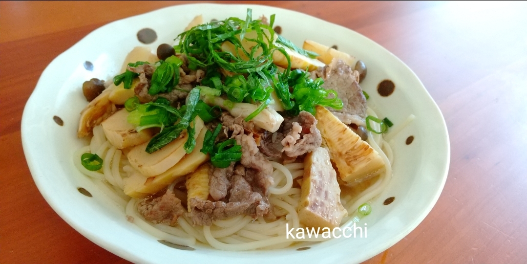 母の日に☆たけのこと牛肉の白だしスープパスタ