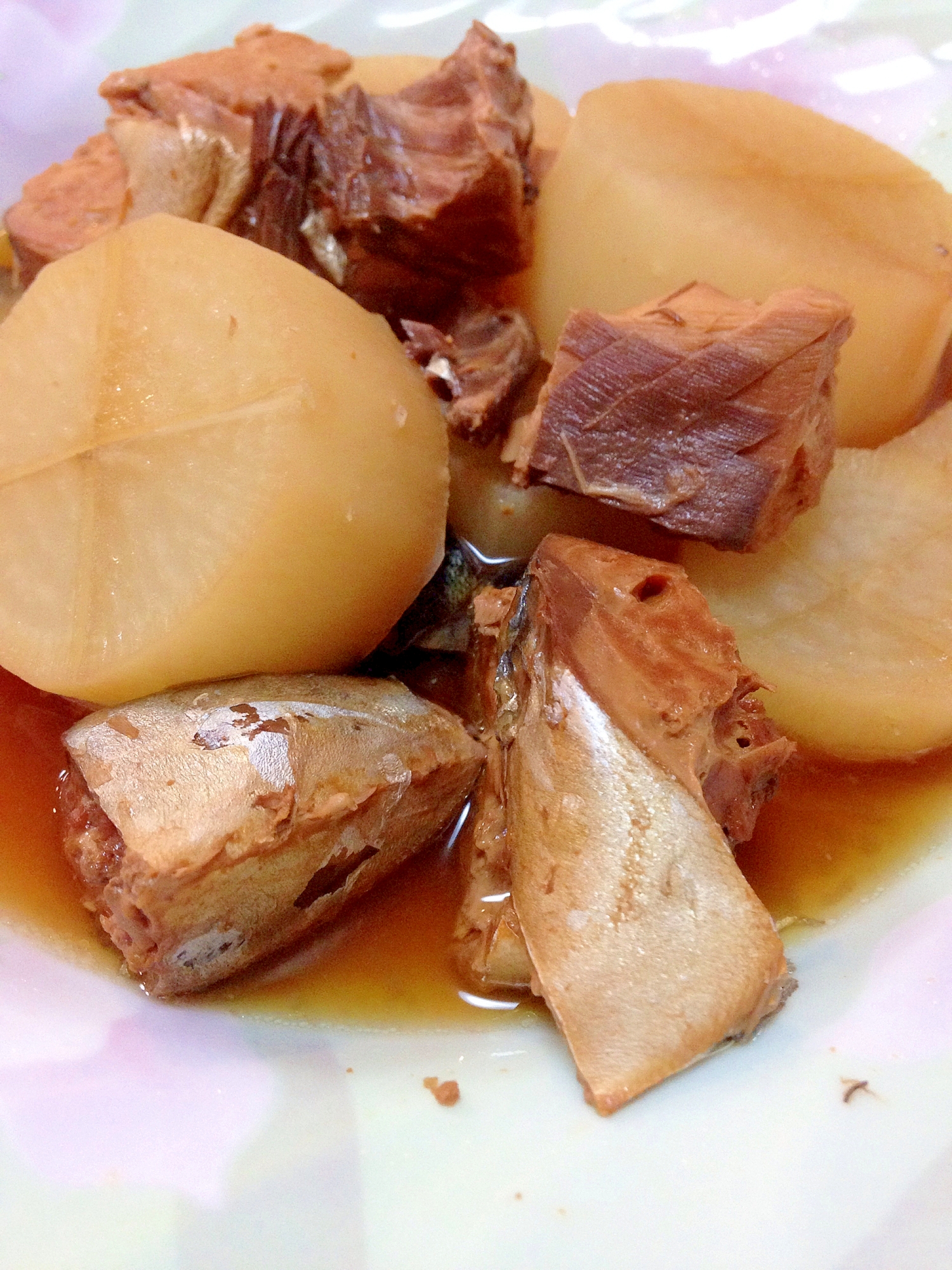 白い皿に盛り付けたサバ味噌煮缶と大根の煮物