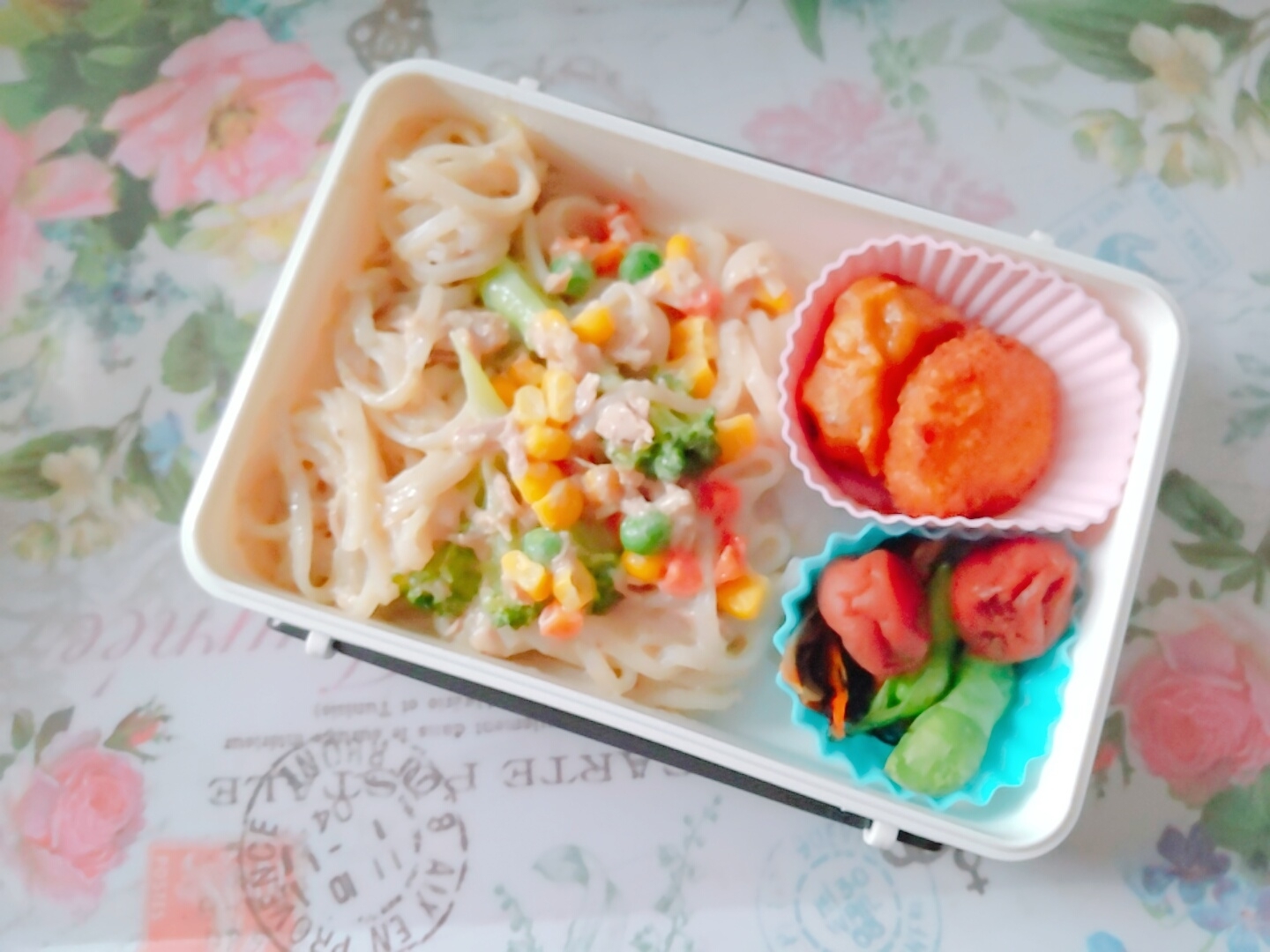 簡単☆ミックスベジタブルで豆乳クリームパスタ弁当