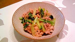 豚バラ、小松菜で生姜焼き