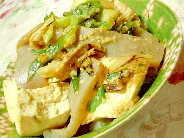 ❤葱と豆腐とガチ盛り蒟蒻の柚子味噌炒め❤