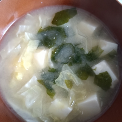 春キャベツの外葉と豆腐とわかめの味噌汁
