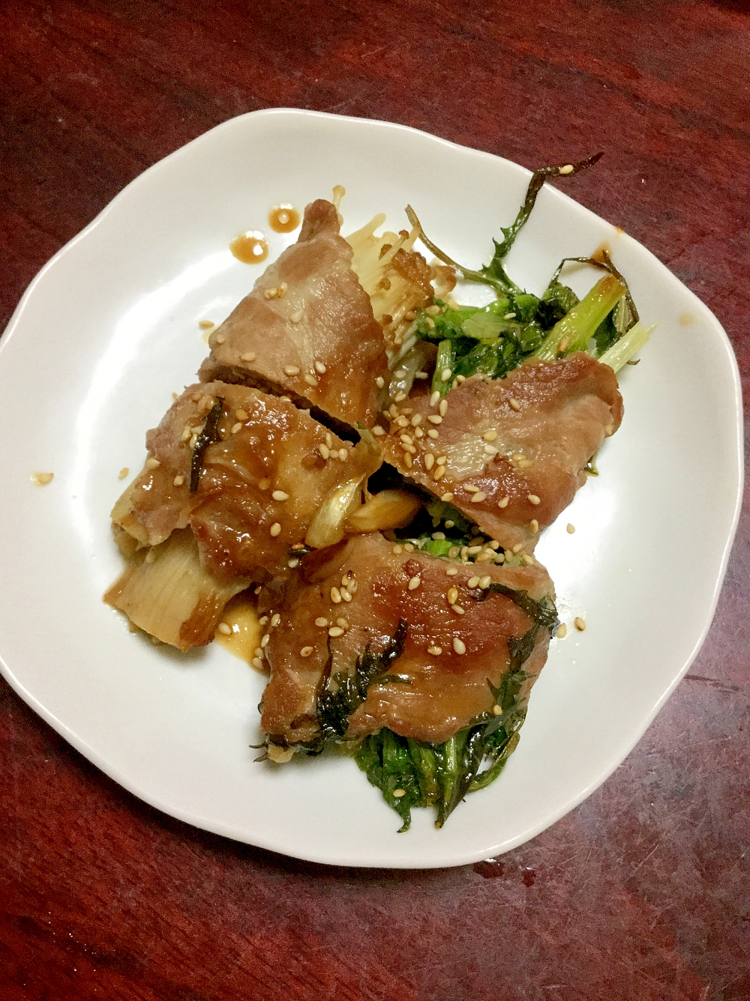 水菜とエノキの肉巻き＠焼き肉のたれ味！