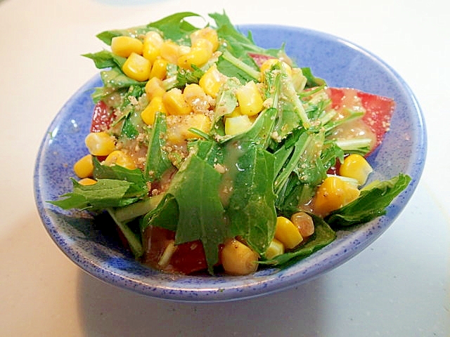 トマトと水菜とコーンのごま風味サラダ