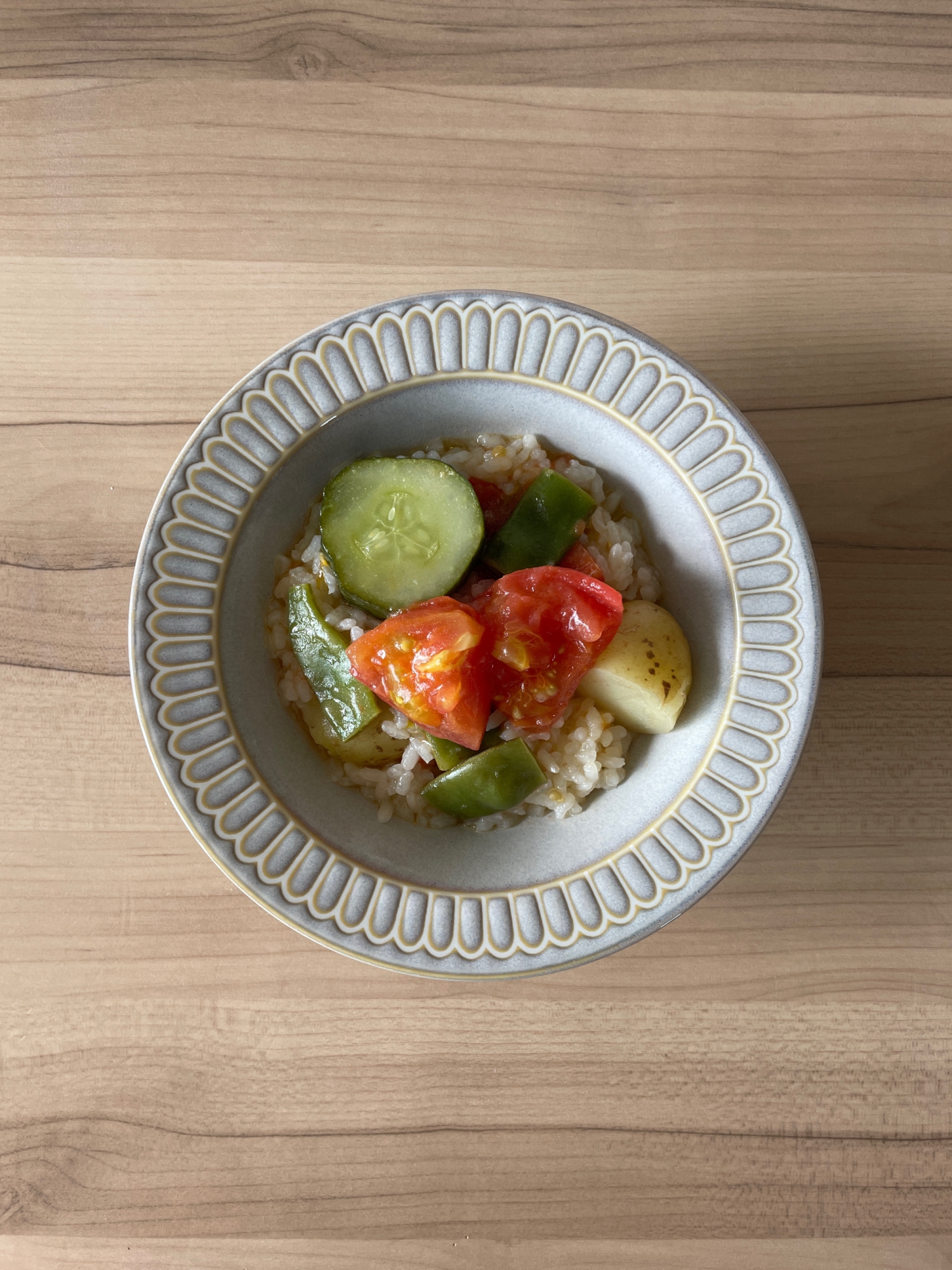 胡瓜といんげんのトマトじゃがいもリゾット